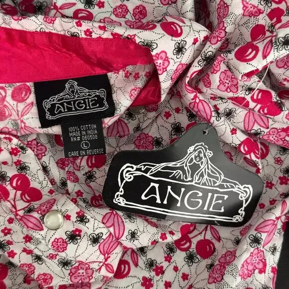 Angie Y2K Shirt Womens Large Cherry Floral Snap Button Western Boho Cotton Top - Picture 3 of 10